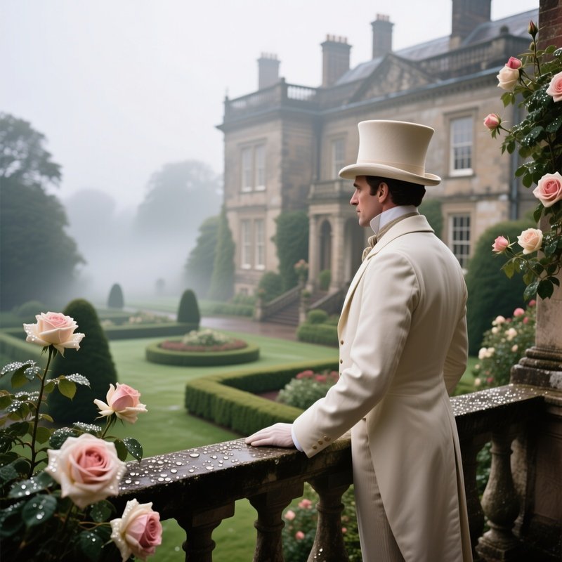 An Aristocratic Man In An Ivory Top Hat Stands On The Balcony Of A Grand Manor, Overlooking