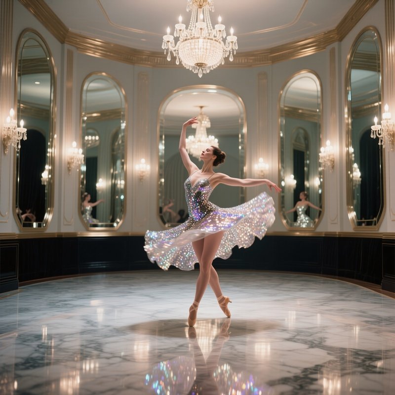 An Art Deco Ballroom With Mirrored Walls, A Nude Dancer Mid Twirl, Sparkling Sequins Catching The