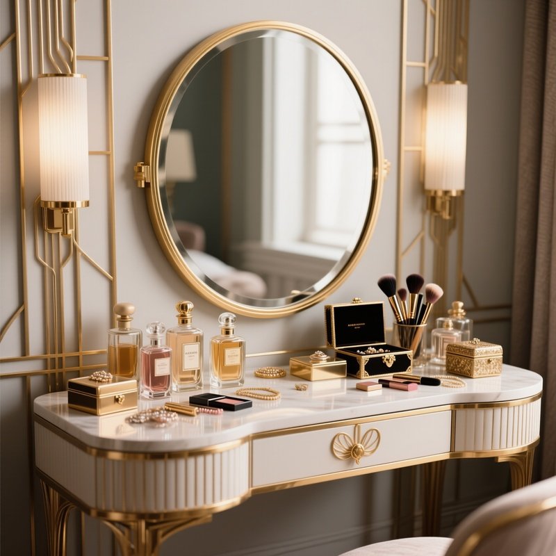 An Art Deco Inspired Vanity Table With A Round Mirror And Brushed Gold Accents, Cluttered Beautifully With Vintage Perfume Bottles, Jewelry Boxes, And Makeup Brushes.
