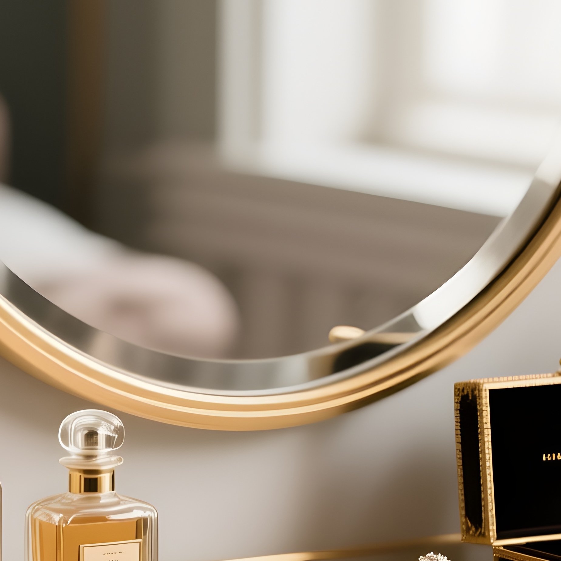 An Art Deco Inspired Vanity Table With A Round Mirror And Brushed Gold Accents, Cluttered Beautifully With Vintage Perfume Bottles, Jewelry Boxes, And Makeup Brushes. - Full Resolution Quality Preview
