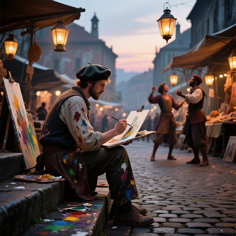 An Artist In A Paint‑Splattered Beret Sits On A Cobblestone Steps In An Open Market, Sketching