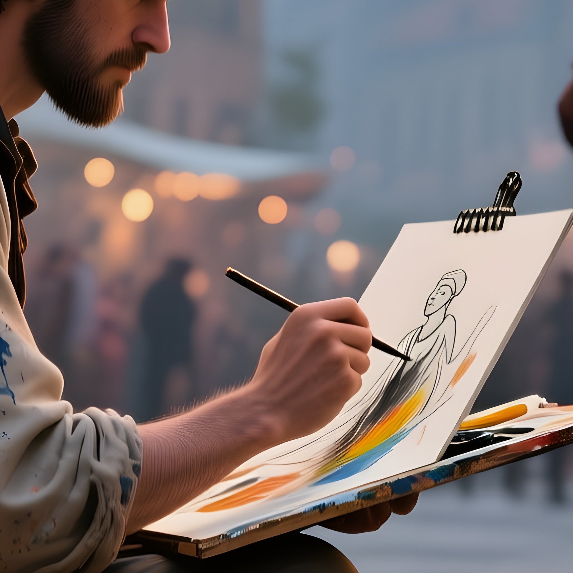 An Artist In A Paint‑Splattered Beret Sits On A Cobblestone Steps In An Open Market, Sketching - Full Resolution Quality Preview