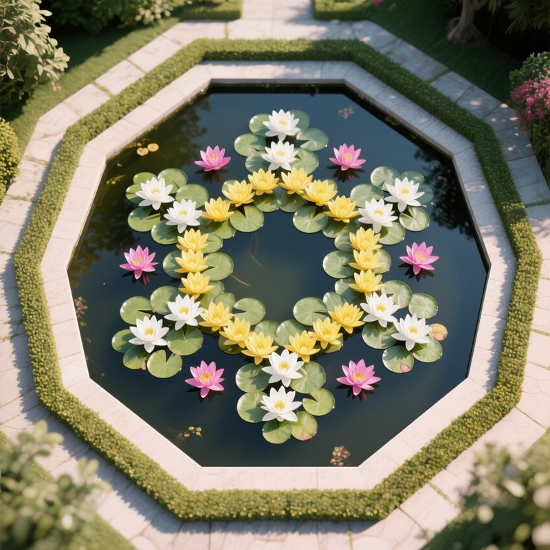 An Artistic Overhead Drone Perspective Of A Hexagonal Garden Pond, Meticulously Arranged Clusters
