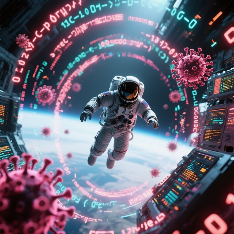 An Astronaut Floating In Zero‑Gravity, Surrounded By Swirling Neon Code Fragments That Represent A