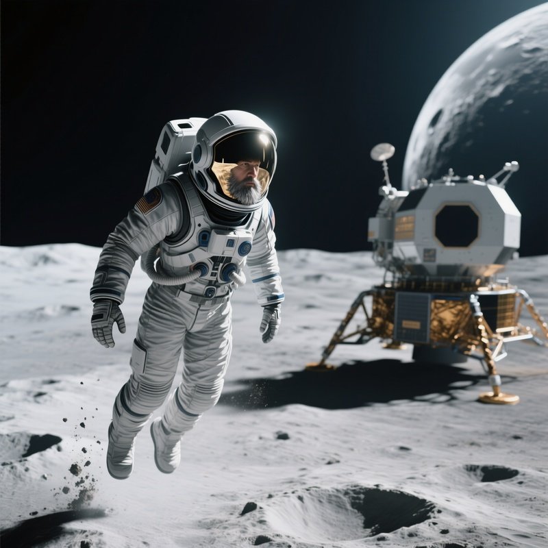 An Astronaut In A Sleek Eva Suit Floats Beside A Lunar Module On The Moon’S Surface, His Reflective