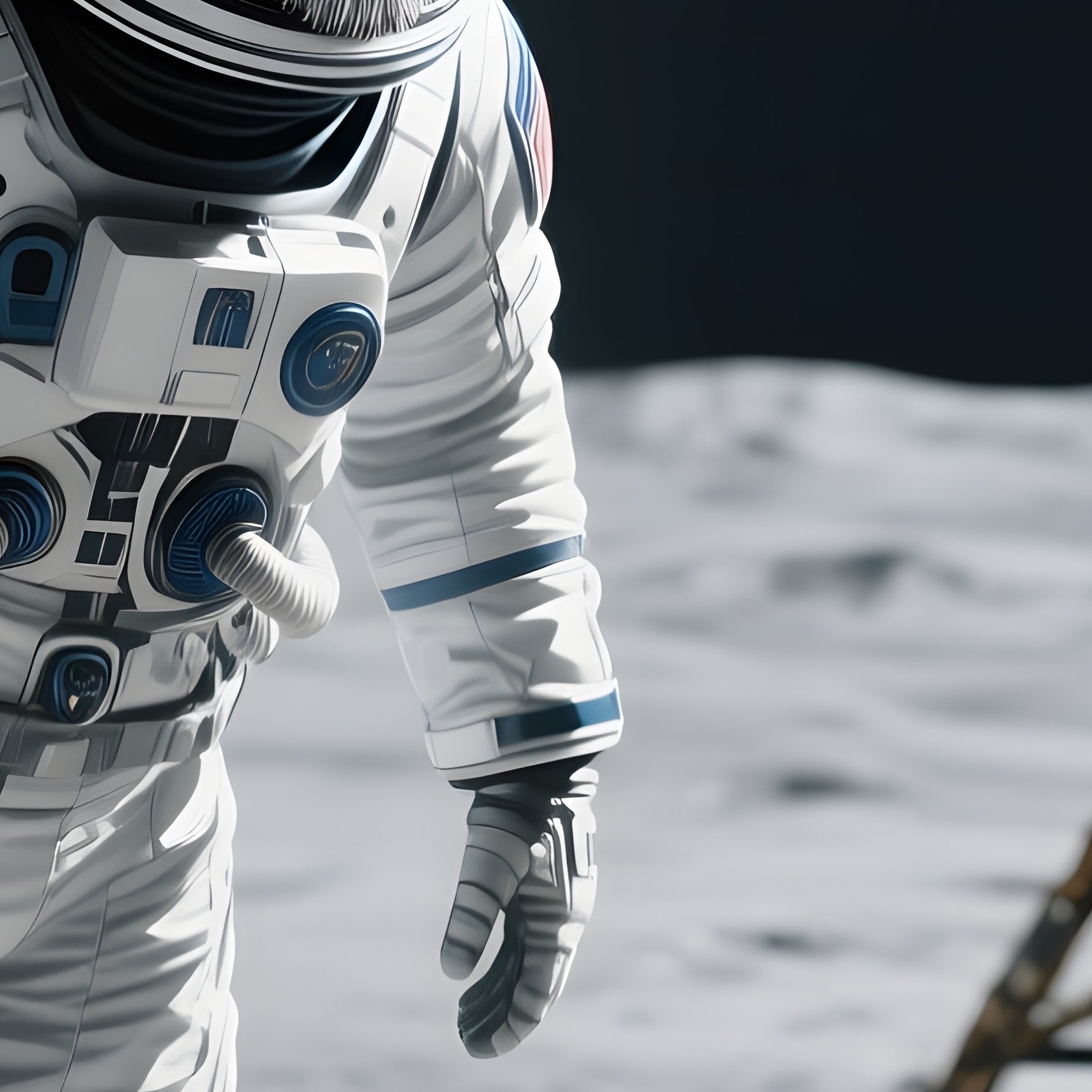 An Astronaut In A Sleek Eva Suit Floats Beside A Lunar Module On The Moon’S Surface, His Reflective - Full Resolution Quality Preview