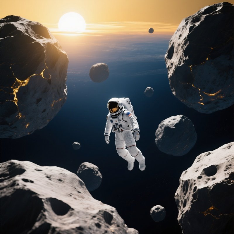 An Astronaut In A Sleek White Eva Suit Floats Silently Among Massive, Cratered Asteroids, The Sun