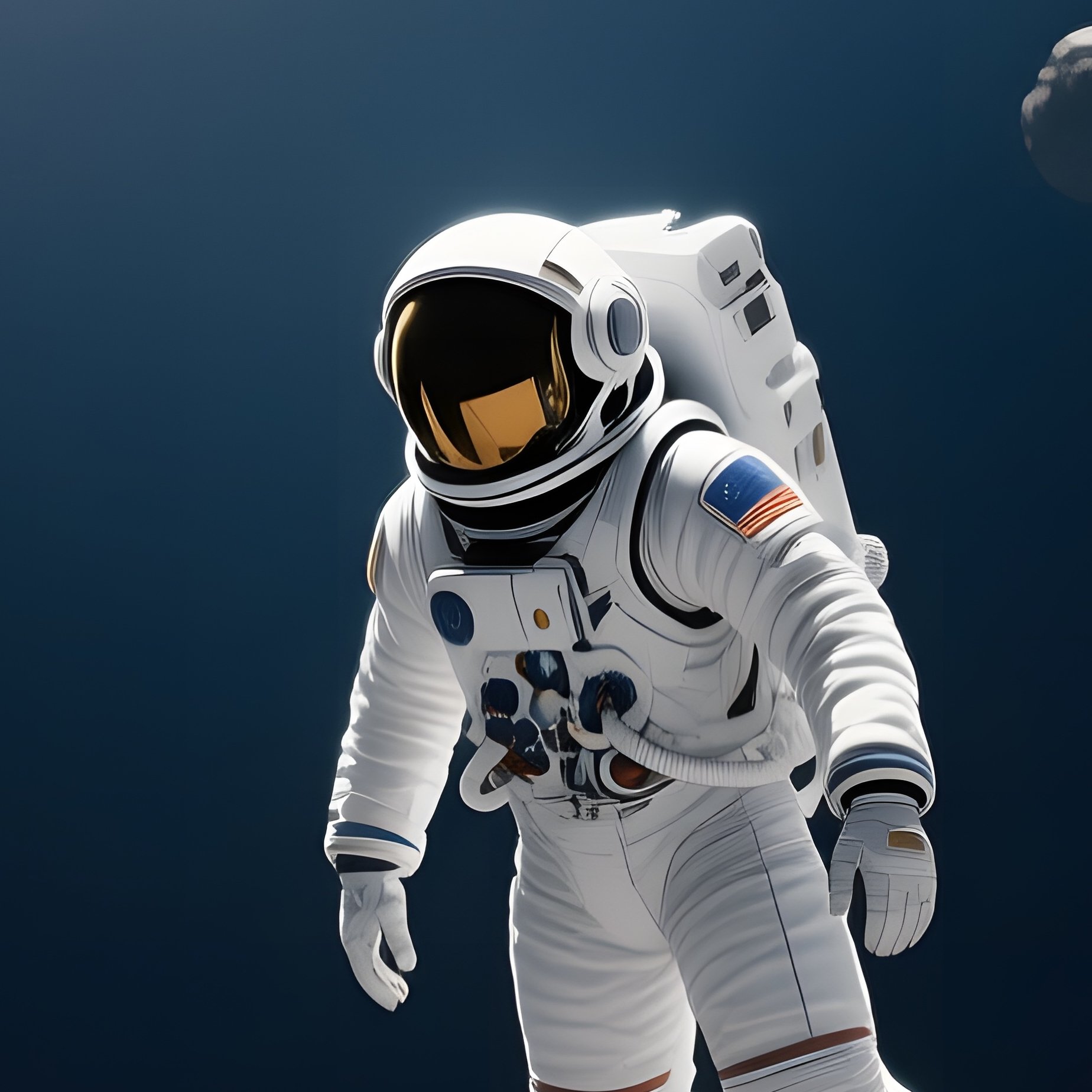 An Astronaut In A Sleek White Eva Suit Floats Silently Among Massive, Cratered Asteroids, The Sun - Full Resolution Quality Preview