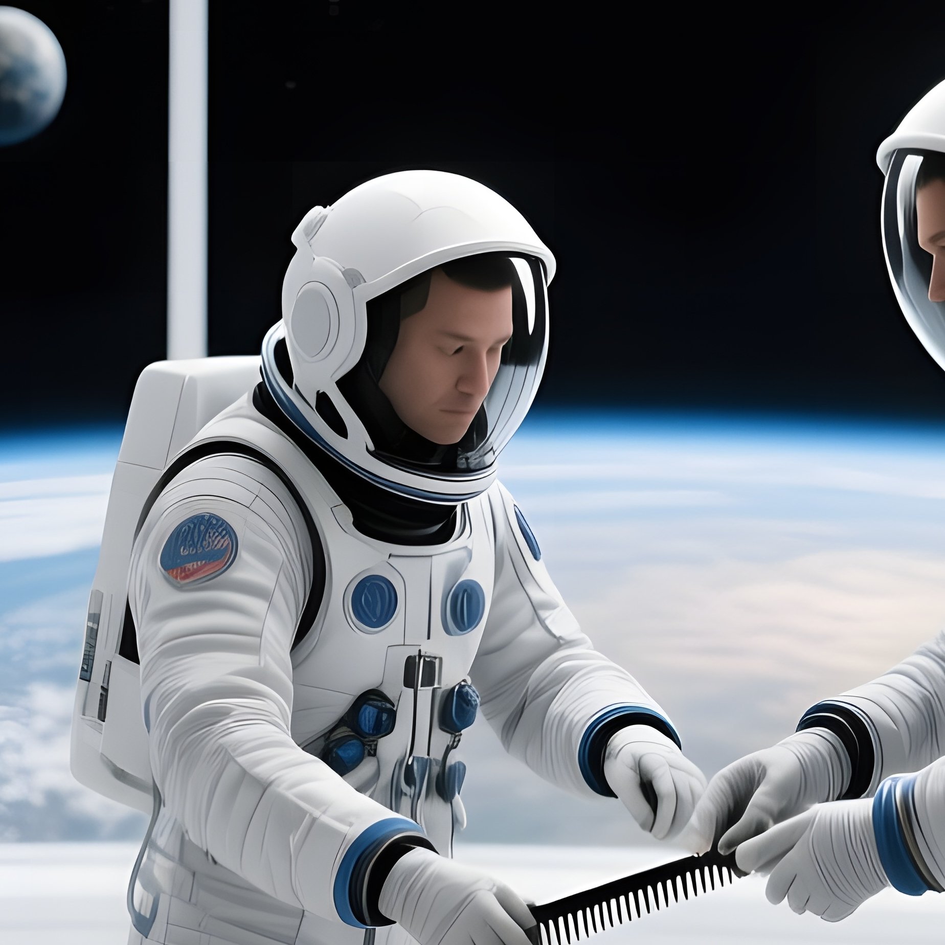 An Astronaut In A Training Suit Receives A Quick Trim Inside A Sleek White Facility, Large - Full Resolution Quality Preview