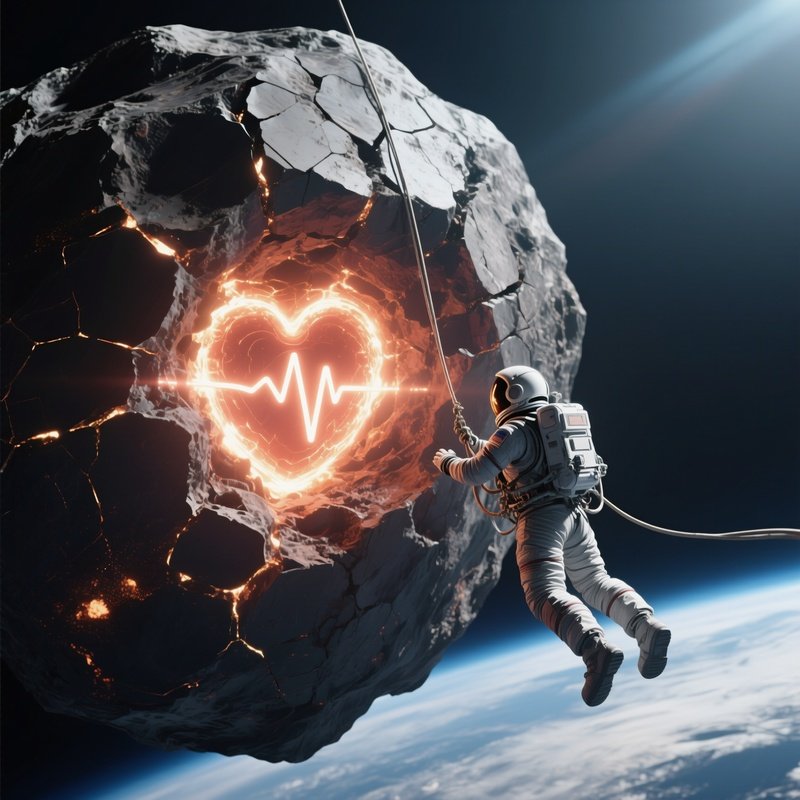 An Astronaut Performing A Spacewalk Beside A Colossal, Cracked Asteroid That Reveals An Inner