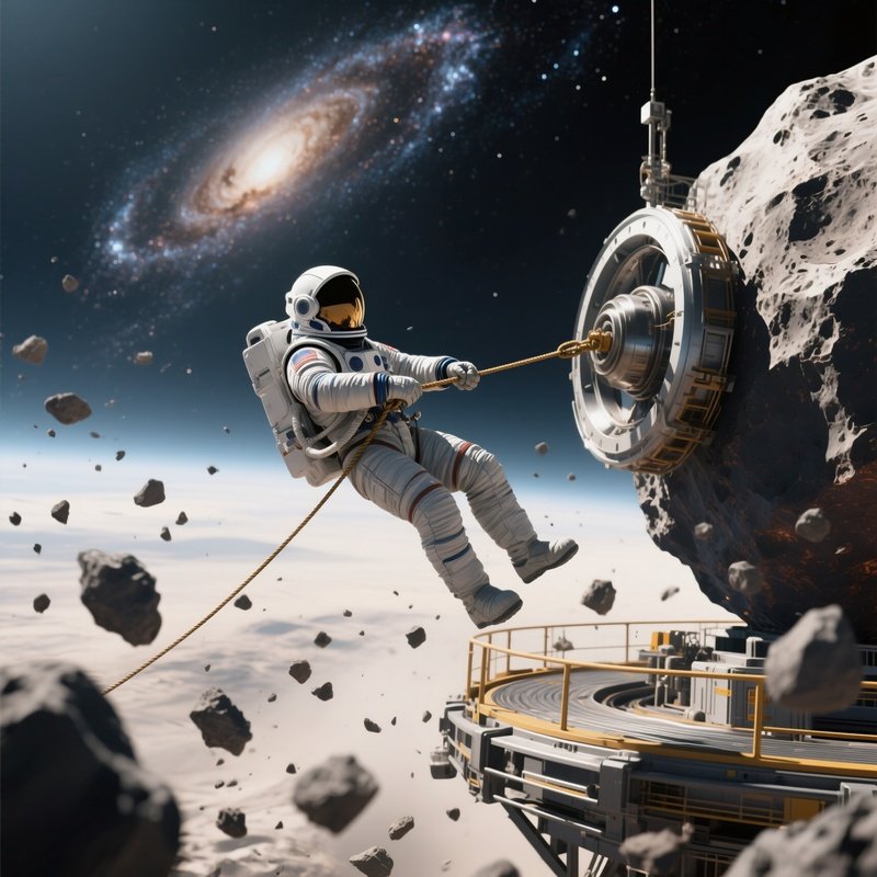 An Astronaut Tethered To A Rotating Asteroid Mining Platform, With Loose Regolith Swirling Around