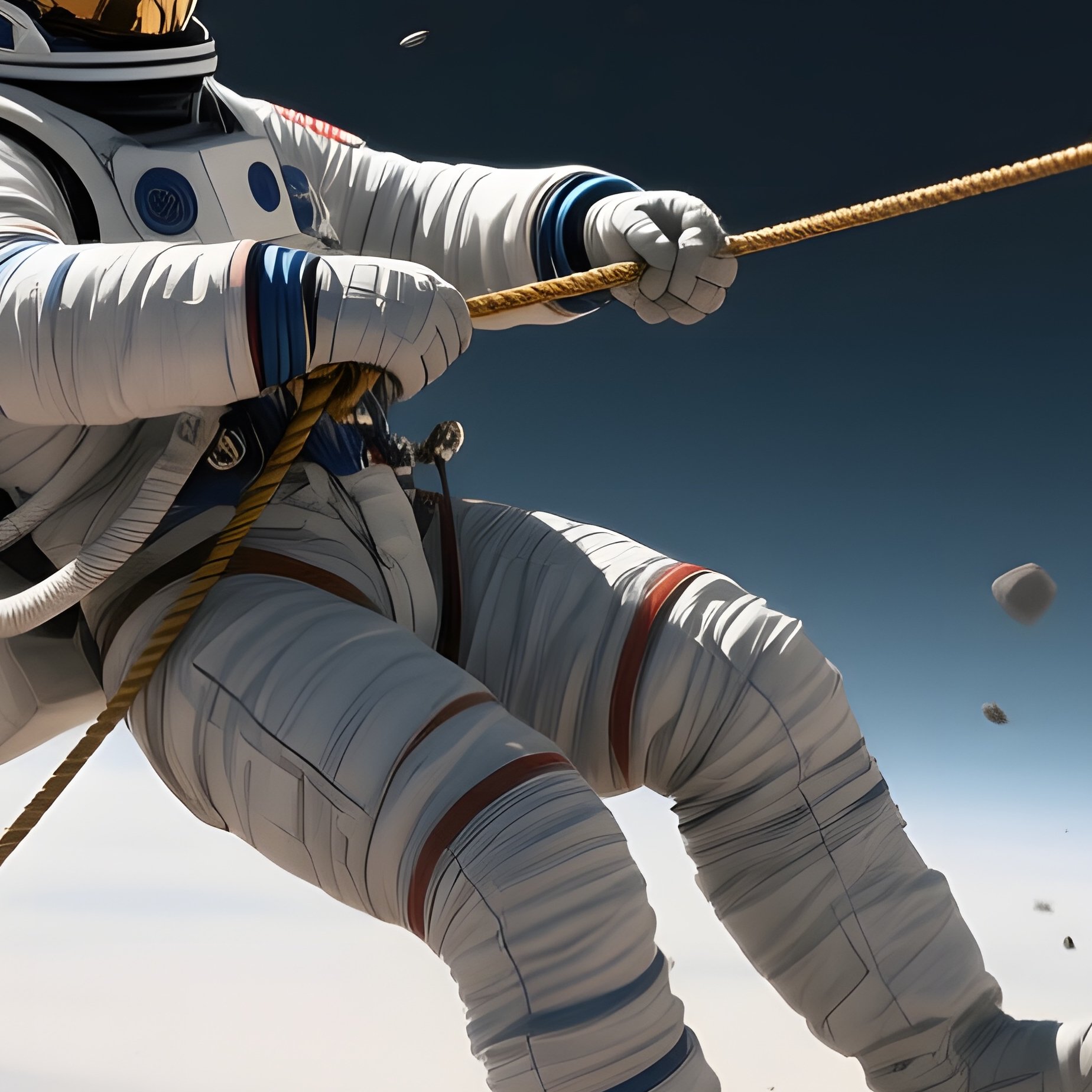 An Astronaut Tethered To A Rotating Asteroid Mining Platform, With Loose Regolith Swirling Around - Full Resolution Quality Preview