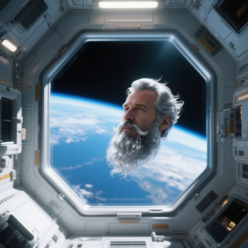 An Astronaut With A Floating Silver Beard Drifts Inside An Orbital Space Station Module, Earth’S