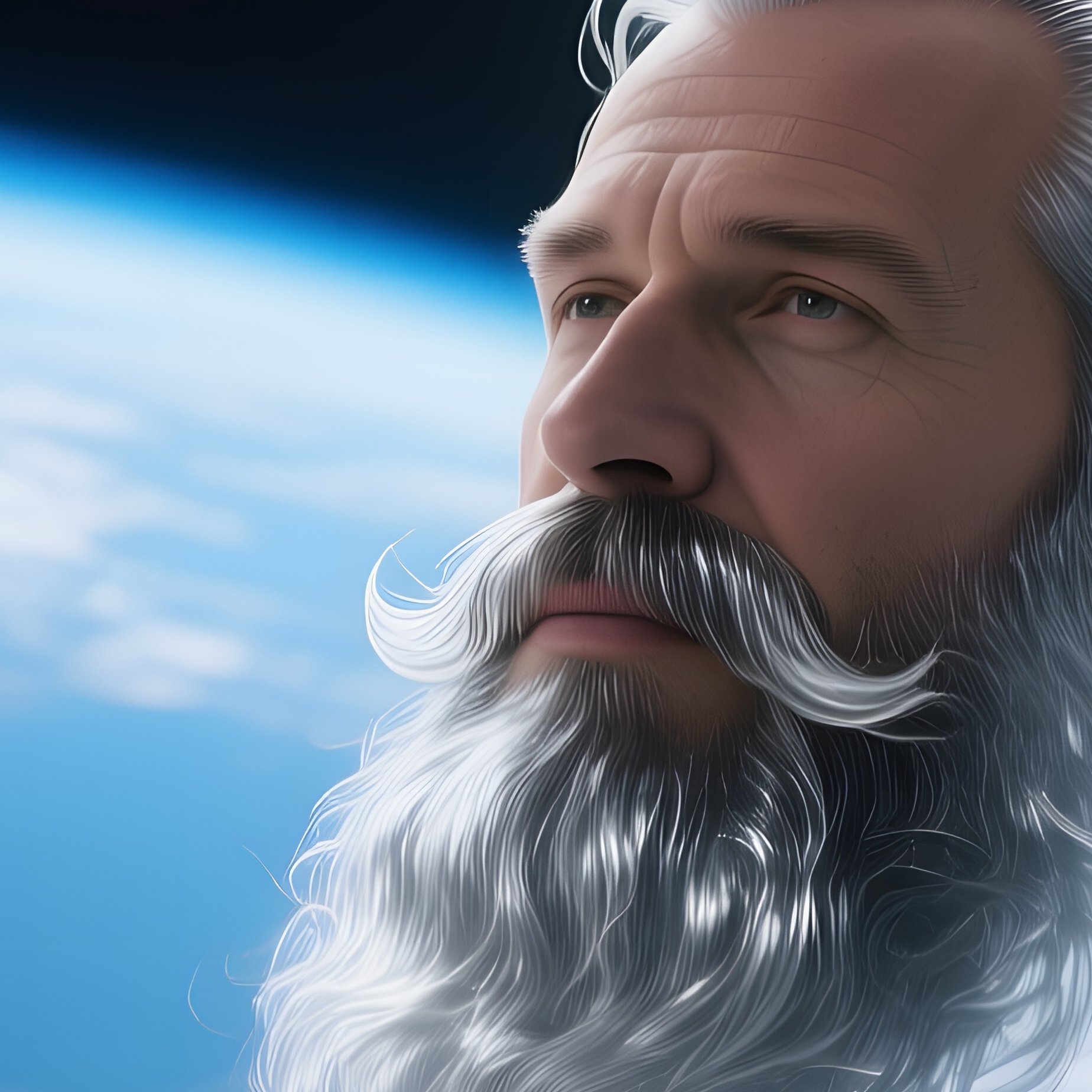 An Astronaut With A Floating Silver Beard Drifts Inside An Orbital Space Station Module, Earth’S - Full Resolution Quality Preview
