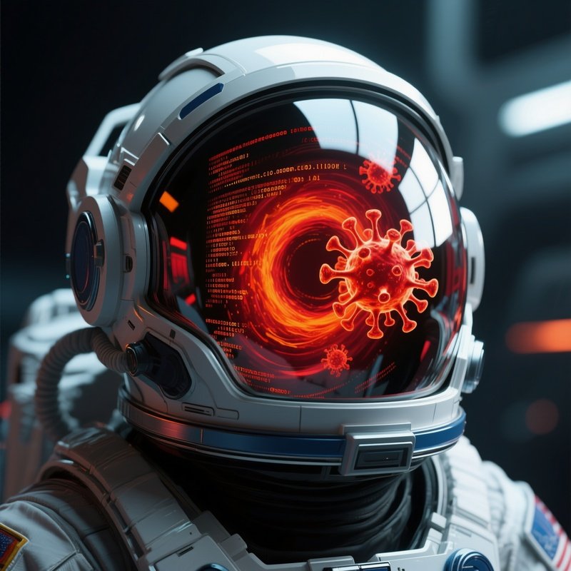 An Astronaut’S Helmet Reflecting A Swirling Vortex Of Red And Orange Code As A Computer Virus
