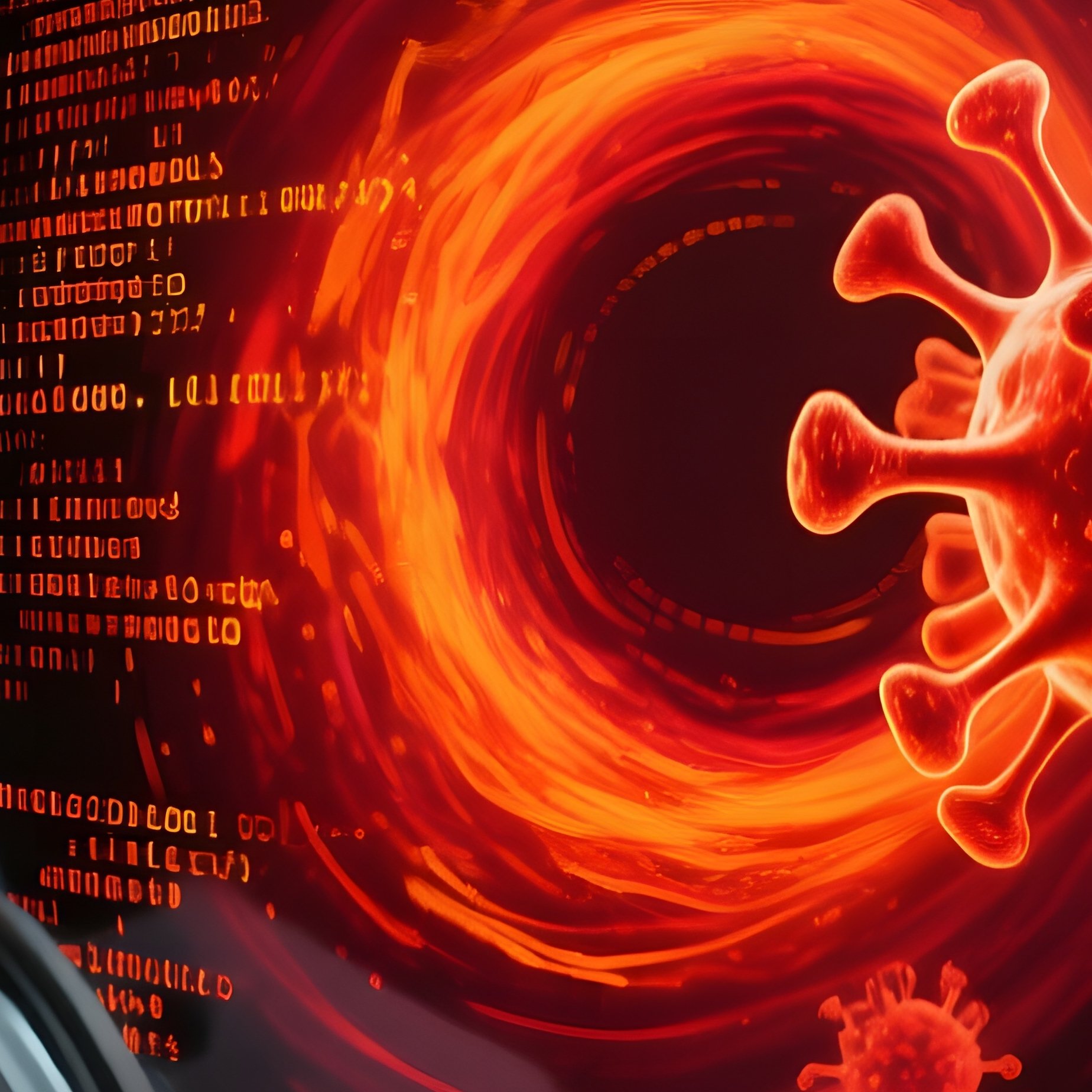 An Astronaut’S Helmet Reflecting A Swirling Vortex Of Red And Orange Code As A Computer Virus - Full Resolution Quality Preview