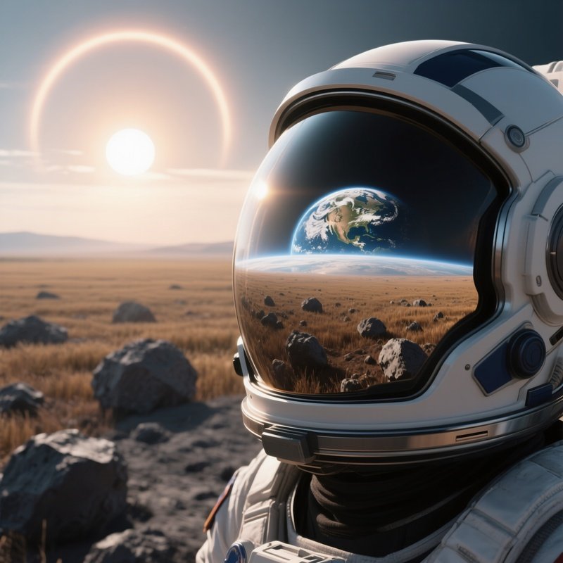 An Astronaut’S Helmet Reflection Showing A Distant Earth Rising Above An Endless Field Of Gray And