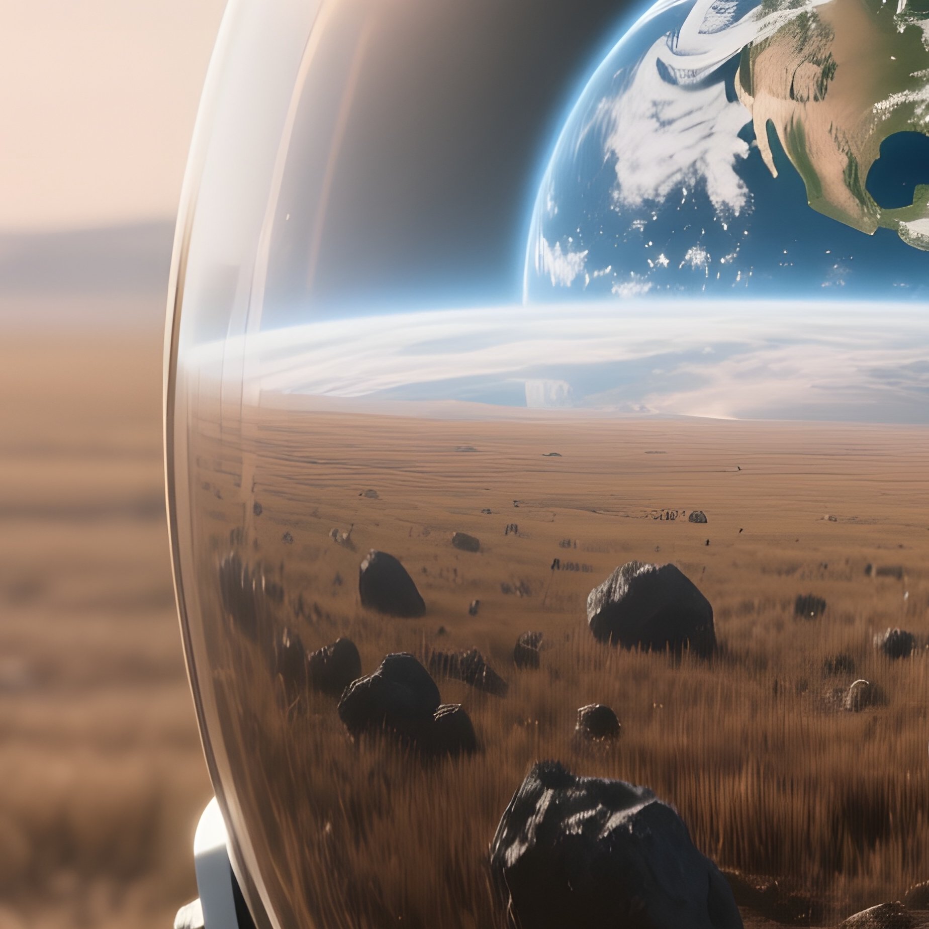An Astronaut’S Helmet Reflection Showing A Distant Earth Rising Above An Endless Field Of Gray And - Full Resolution Quality Preview