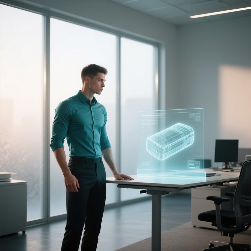 An Athletic Office Worker In A Form‑Fitting Teal Shirt Stands Beside A Standing Desk Displaying A