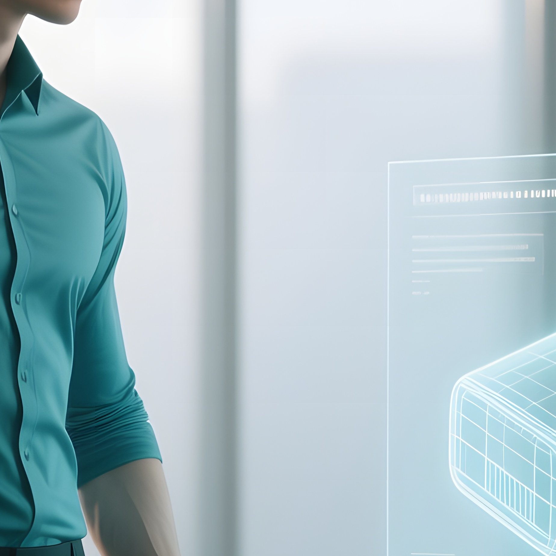 An Athletic Office Worker In A Form‑Fitting Teal Shirt Stands Beside A Standing Desk Displaying A - Full Resolution Quality Preview