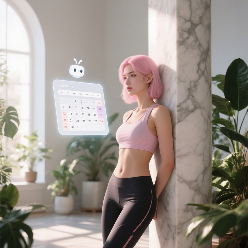 An Athletic Woman With Pastel Pink Hair Leans Against A Marble Column While A Floating Digital