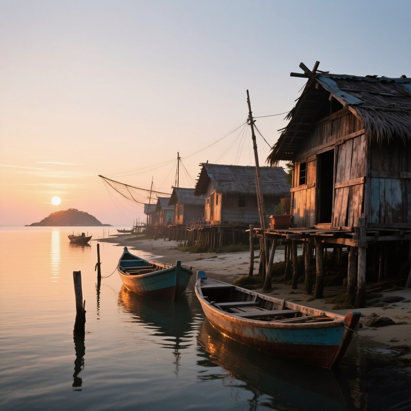 An Atmospheric Dawn On A Remote Island Where Traditional Fishing Huts Line The Shore, Boats Tied To