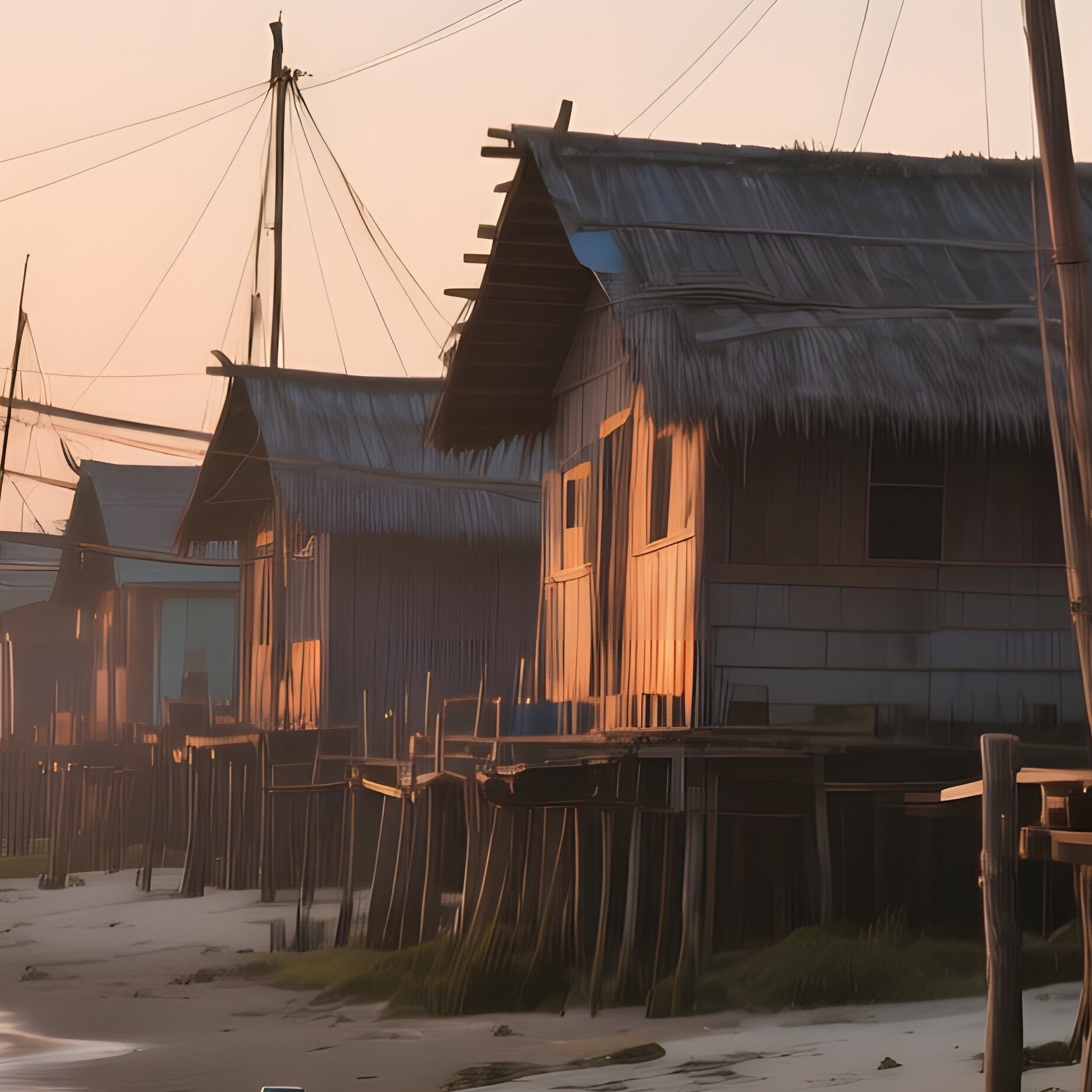 An Atmospheric Dawn On A Remote Island Where Traditional Fishing Huts Line The Shore, Boats Tied To - Full Resolution Quality Preview