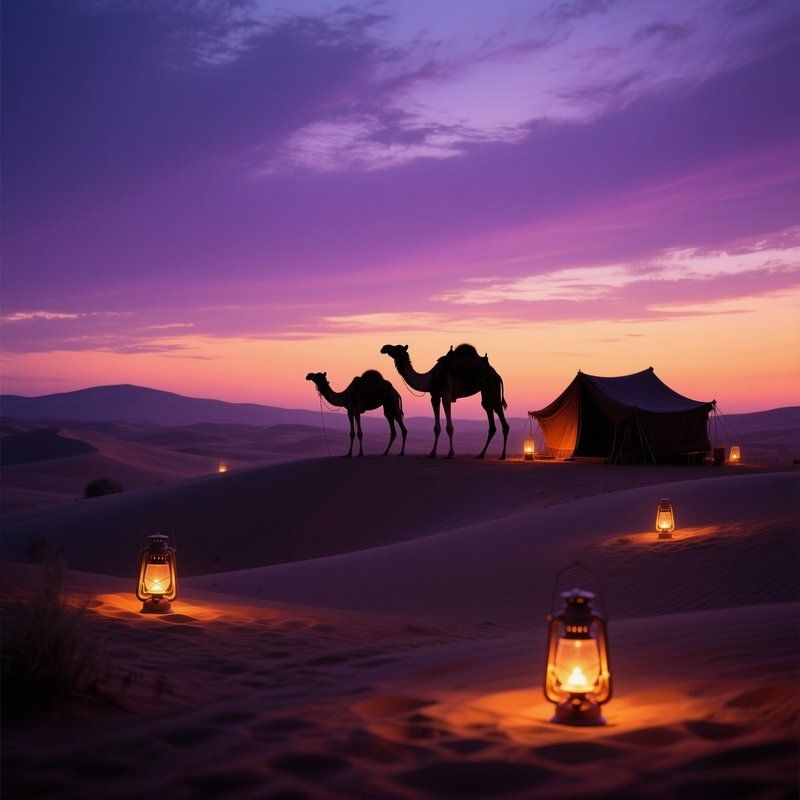 An Atmospheric Desert Caravan At Dusk, Camels' Silhouettes Against A Sky Painted In Purples And