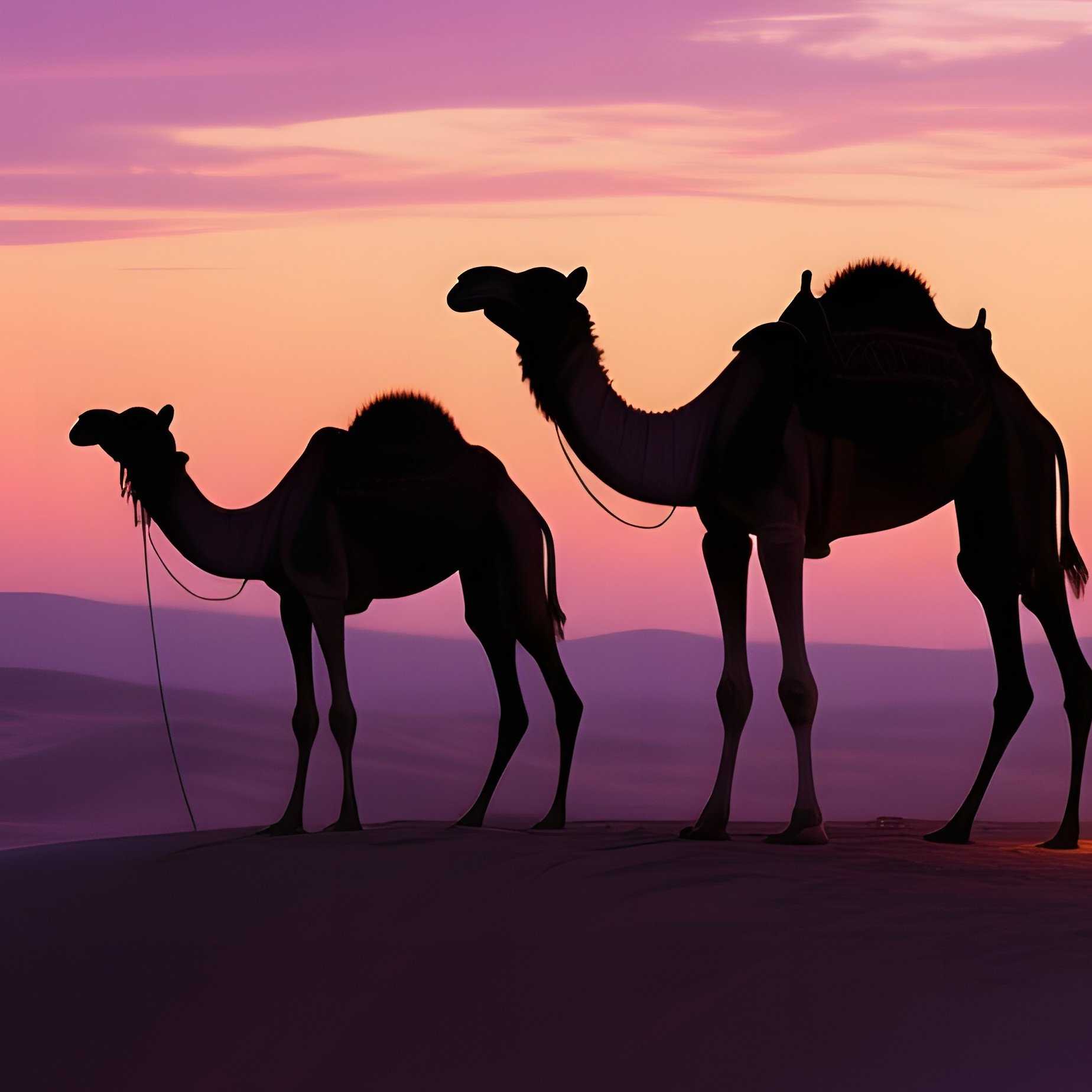 An Atmospheric Desert Caravan At Dusk, Camels' Silhouettes Against A Sky Painted In Purples And - Full Resolution Quality Preview
