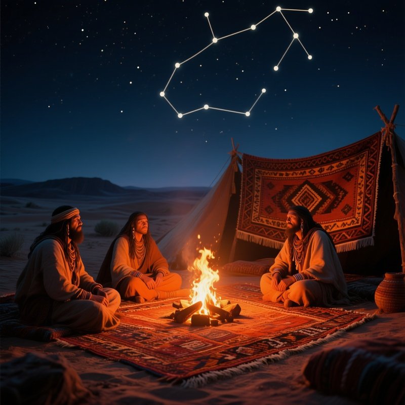 An Atmospheric Desert Night Camp With A Fire Pit Casting Orange Glow On Nomads' Faces, Woven Rugs