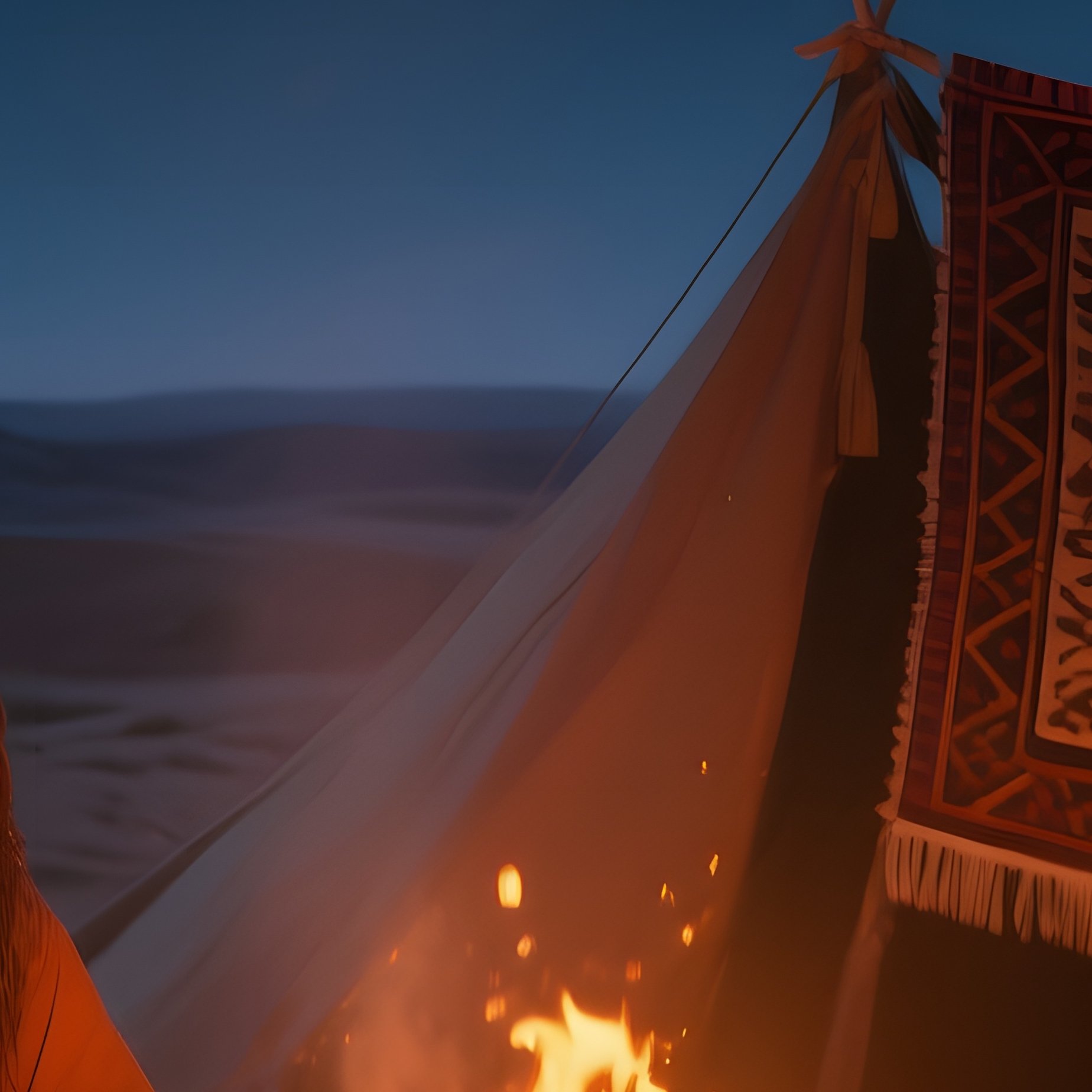 An Atmospheric Desert Night Camp With A Fire Pit Casting Orange Glow On Nomads' Faces, Woven Rugs - Full Resolution Quality Preview