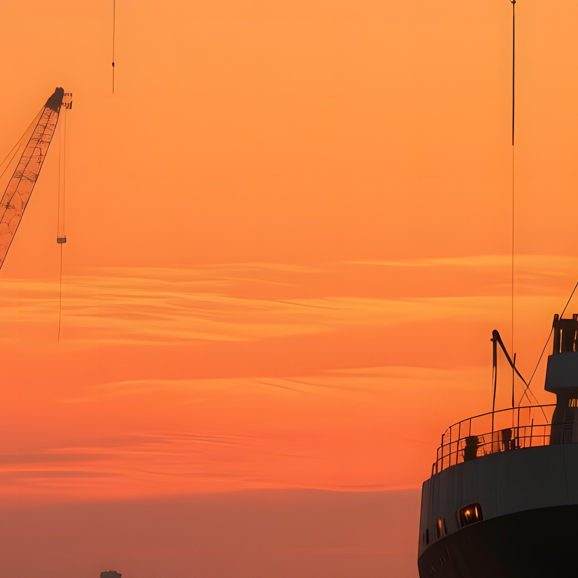An Atmospheric Dusk Scene Of A Shipyard Under Construction, Cranes Silhouetted Against An Orange - Full Resolution Quality Preview