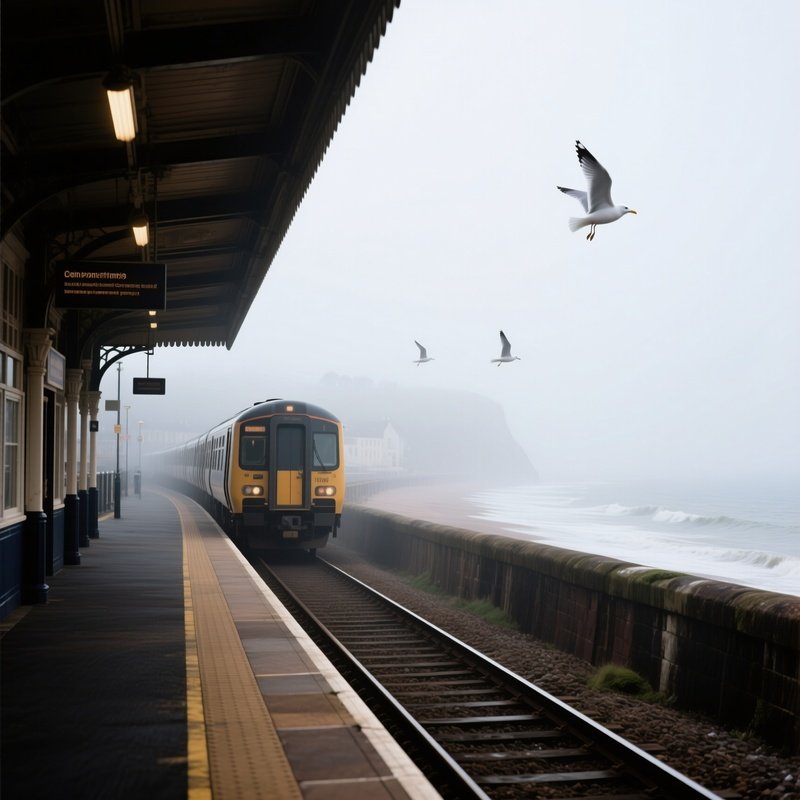 An Atmospheric Foggy Morning At A Coastal Railway Station, Trains Waiting On Tracks Beside Sea