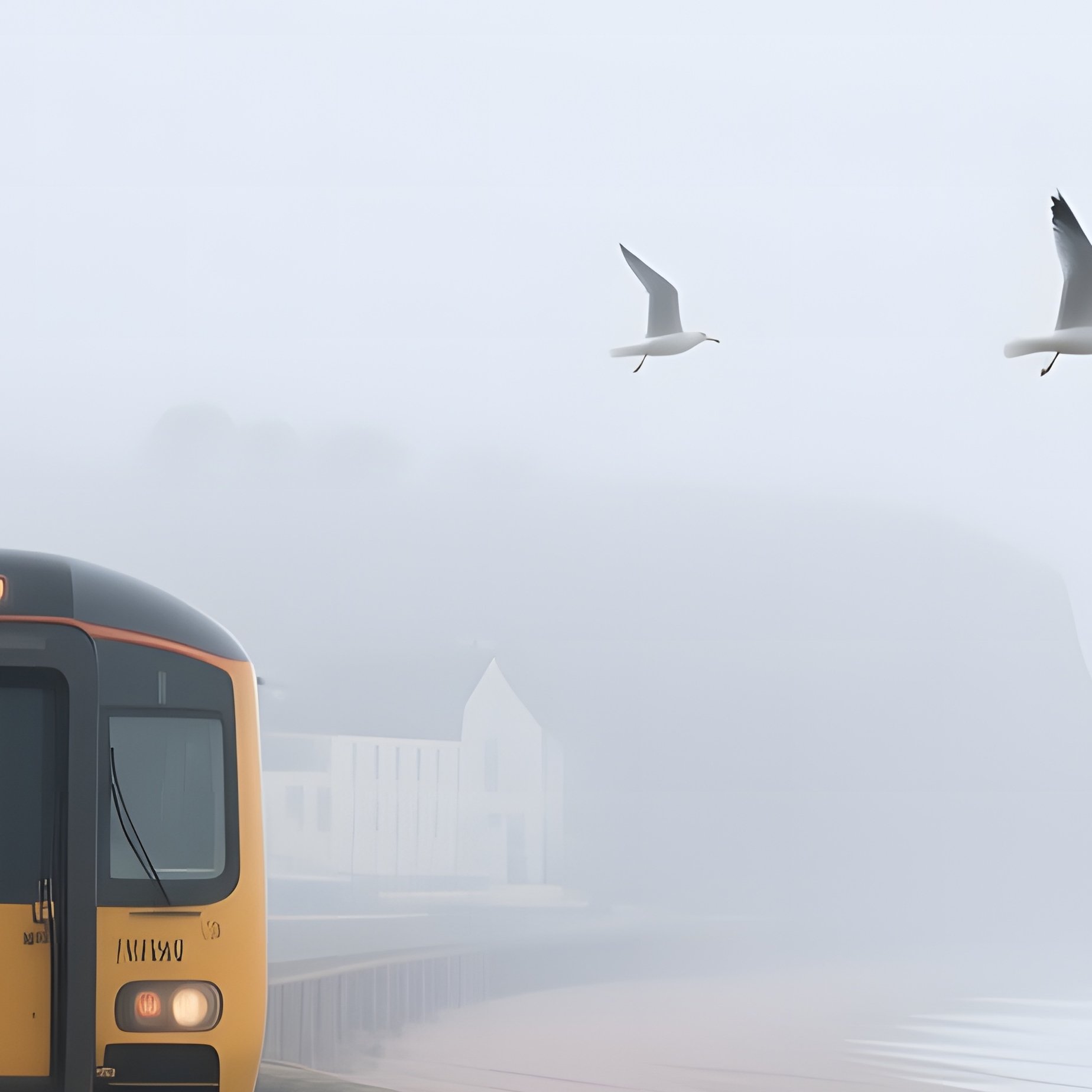 An Atmospheric Foggy Morning At A Coastal Railway Station, Trains Waiting On Tracks Beside Sea - Full Resolution Quality Preview