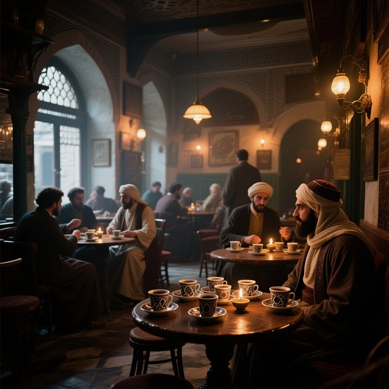 An Atmospheric Interior Of A 19Th‑Century Ottoman Coffeehouse, Low Tables Laden With Turkish Coffee