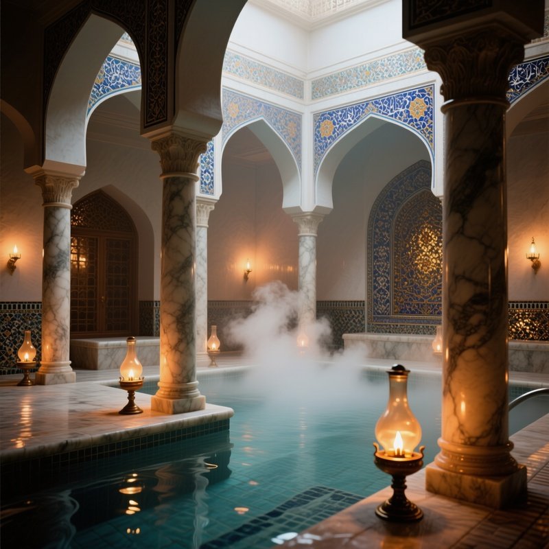 An Atmospheric Interior Of A 19Th‑Century Persian Bathhouse, Marble Columns Illuminated By Oil