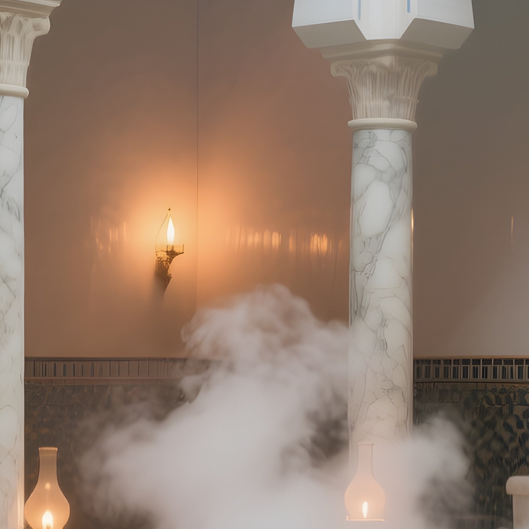An Atmospheric Interior Of A 19Th‑Century Persian Bathhouse, Marble Columns Illuminated By Oil - Full Resolution Quality Preview