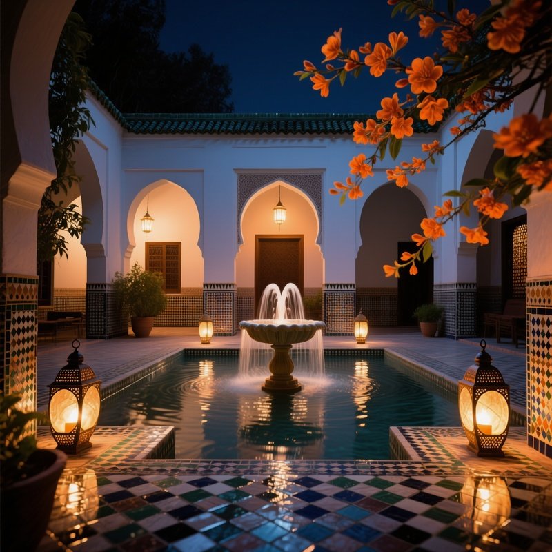 An Atmospheric Interior Of A Moroccan Riad Courtyard At Night, Fountains Illuminated By Lanterns,
