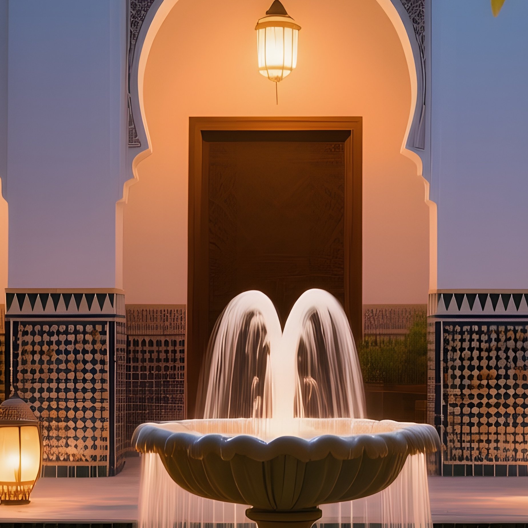 An Atmospheric Interior Of A Moroccan Riad Courtyard At Night, Fountains Illuminated By Lanterns, - Full Resolution Quality Preview