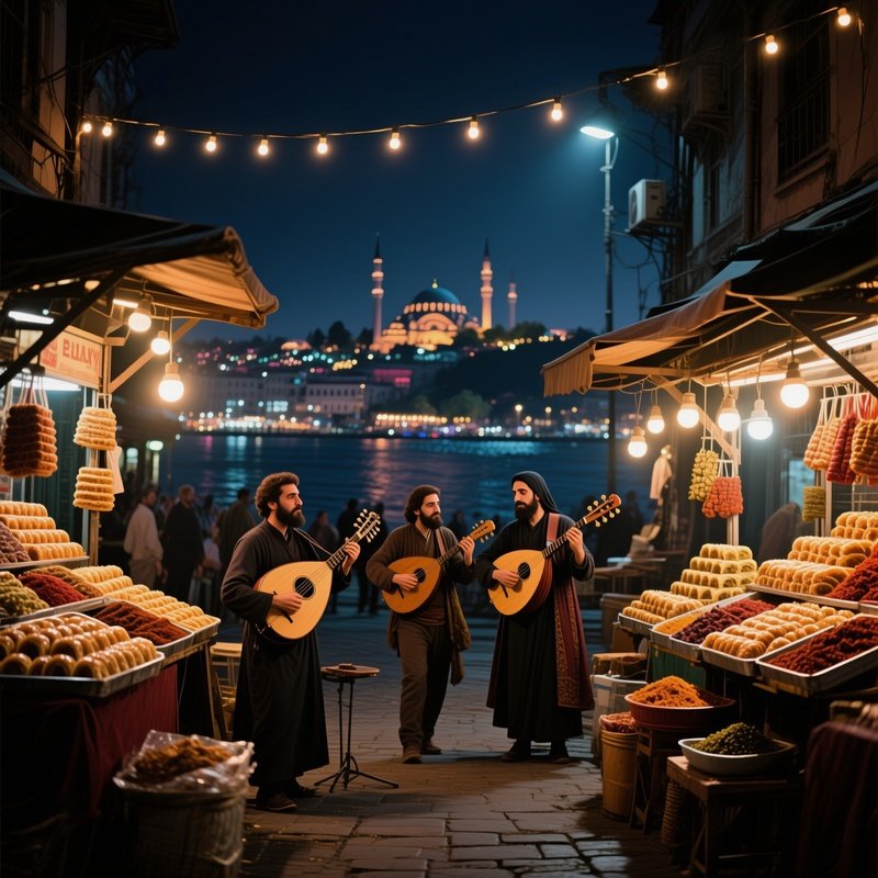 An Atmospheric Night Market In Istanbul'S Galata District, Street Musicians Playing Oud Under