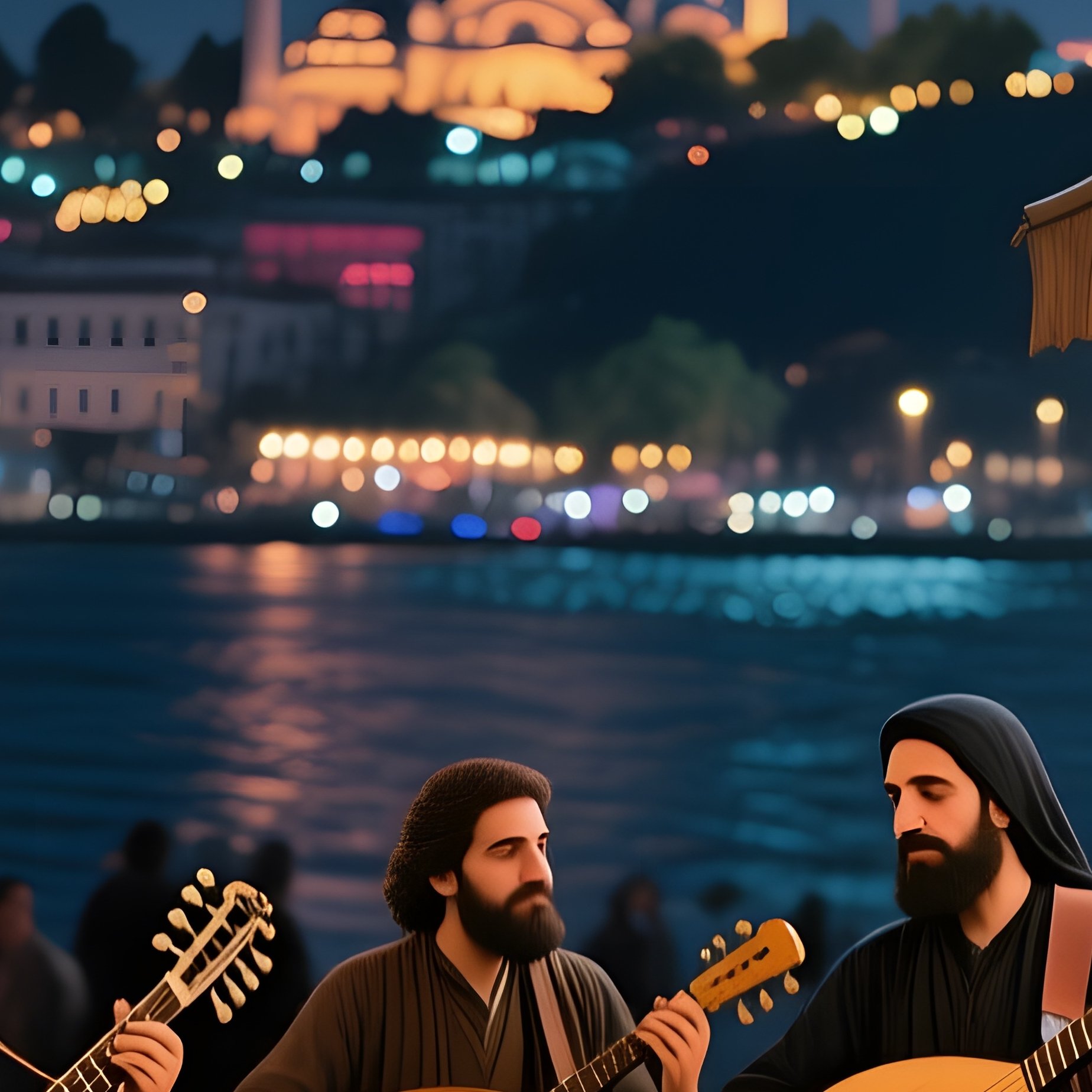 An Atmospheric Night Market In Istanbul'S Galata District, Street Musicians Playing Oud Under - Full Resolution Quality Preview