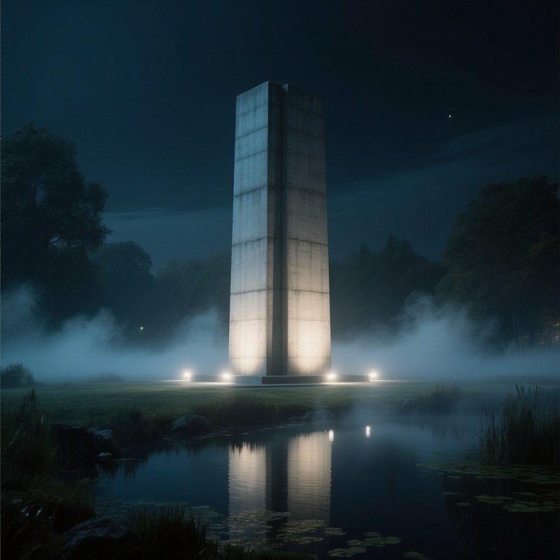 An Atmospheric Night Scene Of A Concrete Monument Lit By Subtle Ground Level Spotlights, Surrounded