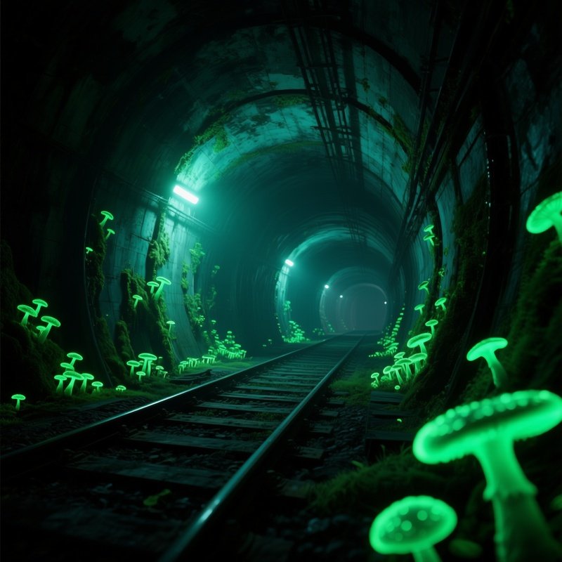 An Atmospheric Night Shot Of An Abandoned German Railway Tunnel Illuminated By Phosphorescent Fungi