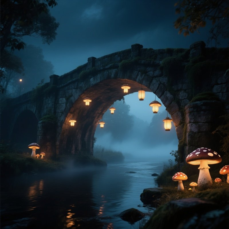 An Atmospheric Night Shot Of An Old Stone Bridge Over A Misty River, Illuminated By Glowing