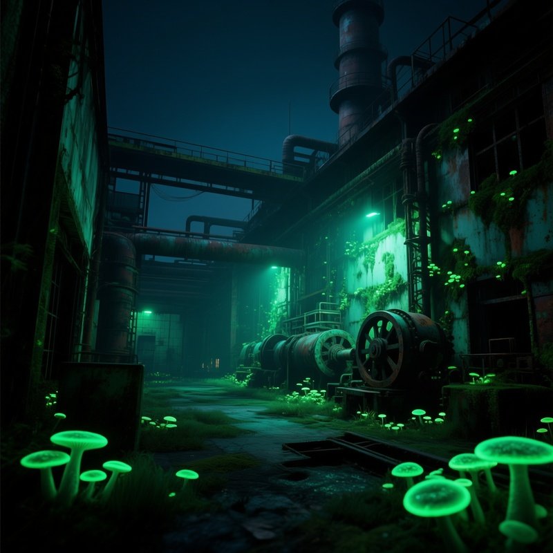 An Atmospheric Night View Of An Abandoned German Factory With Rusted Machinery, Walls Covered In