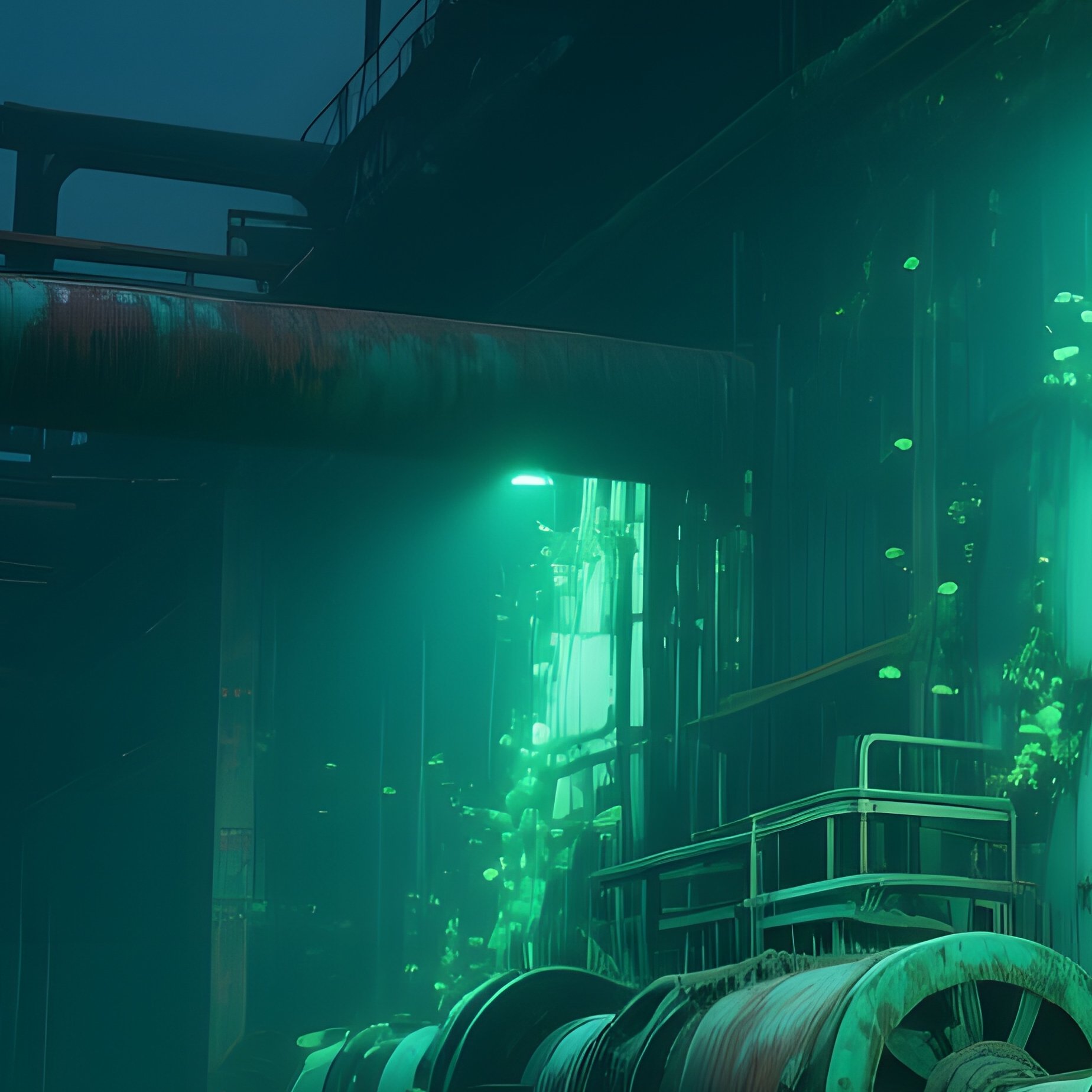 An Atmospheric Night View Of An Abandoned German Factory With Rusted Machinery, Walls Covered In - Full Resolution Quality Preview