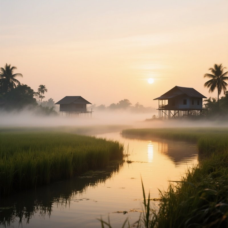 An Atmospheric Sunrise Over The Rice Paddies Of The Mekong Delta, Mist Rising Like Silk, Distant