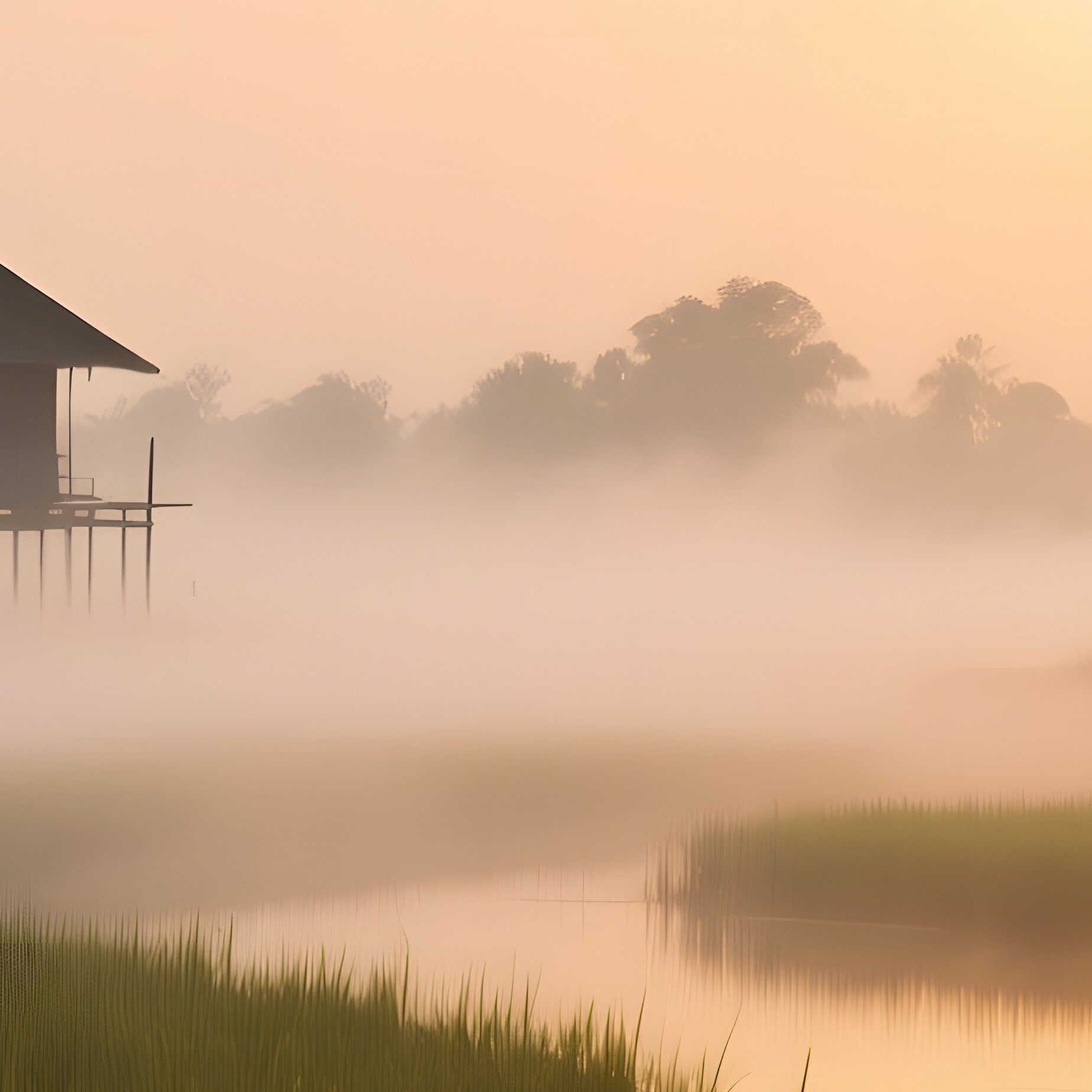 An Atmospheric Sunrise Over The Rice Paddies Of The Mekong Delta, Mist Rising Like Silk, Distant - Full Resolution Quality Preview