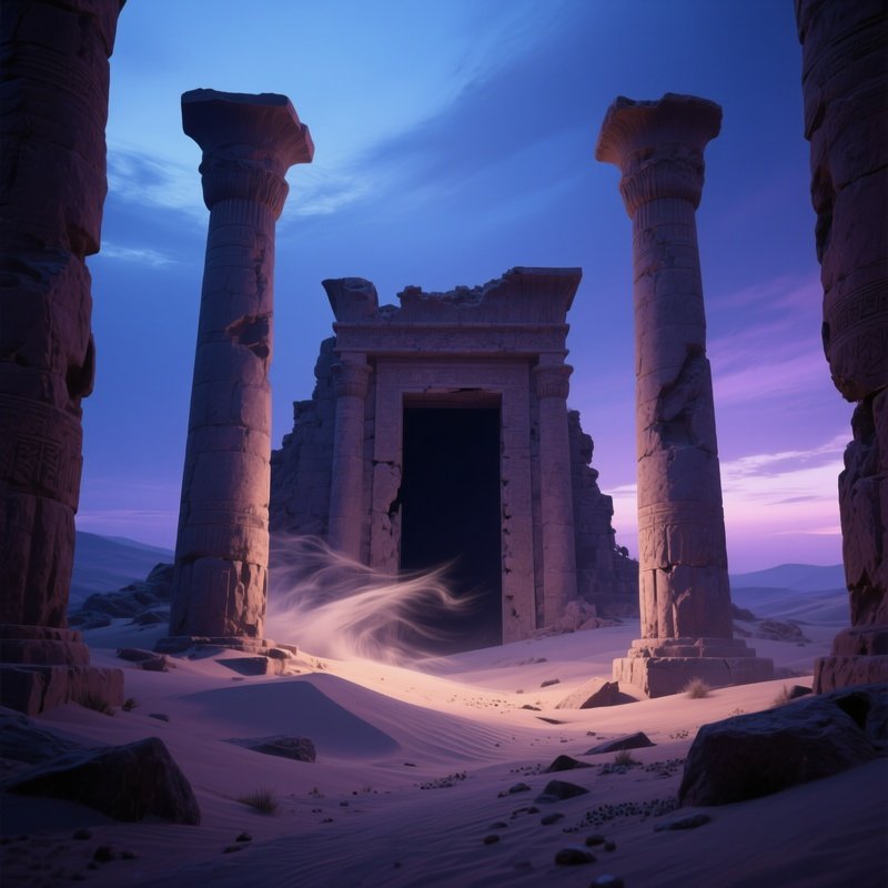 An Atmospheric View Of A Ruined Temple Entrance Half‑Buried In Sand, Towering Pylons Framing A Dark