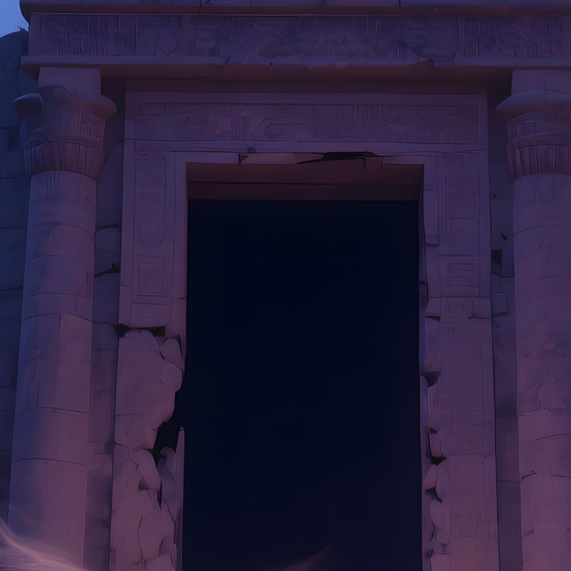 An Atmospheric View Of A Ruined Temple Entrance Half‑Buried In Sand, Towering Pylons Framing A Dark - Full Resolution Quality Preview